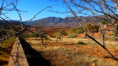 a fence in a field with mountains in the background at Camping Auberge Zebra in Ouzoud