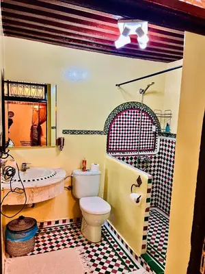 a bathroom with a toilet and a tub and a sink at Riad Lalla Zoubida in Fès