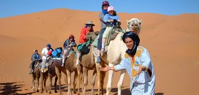 a group of people riding camels in the desert at Camp Sahara Holidays in Mhamid