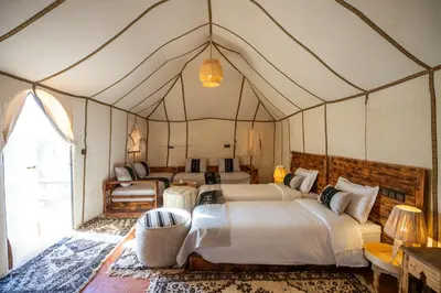 a bedroom with four beds in a tent at DWO Golden Camp Merzouga in Merzouga