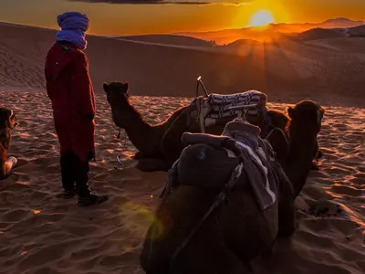 a man standing next to a camel in the desert at Camp Under Stars in Merzouga