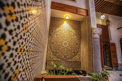 a tiled wall in a building with plants on it at Riad Gzira Fez in Fès