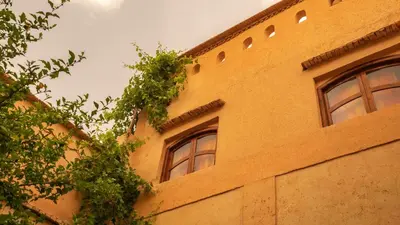 a building with two windows and a tree at Dar Essalama Dades in Akhendachou nʼAït Ouffi