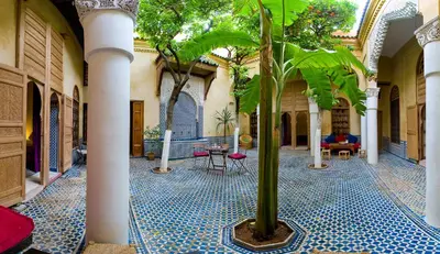 a courtyard with a palm tree in a building at Riad La Maison D'à Côté in Meknès