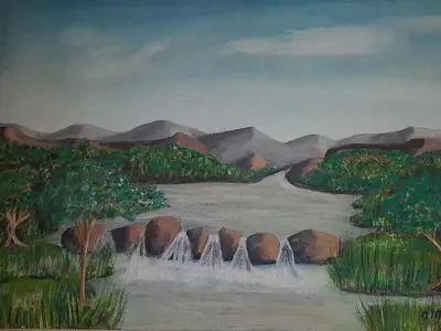 a painting of a river with mountains in the background at Résidence MARWA in Ouarzazate