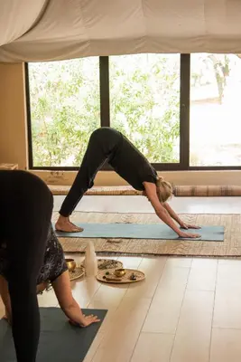 a woman doing a yoga pose in a room at Jnane Allia in Douar Soukkane