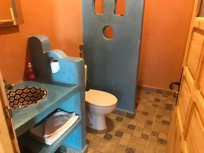 a small bathroom with a toilet and a sink at Dar Talhaya in Kasr Bounou