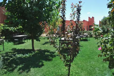 a garden with tables and chairs and fruit trees at Riad Mimouna De Timnay in Aguelmous