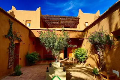 an outdoor courtyard with trees and a building at Dar Sofar in Agdz