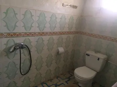 a bathroom with a toilet and green and white tiles at Gîte d'étape traditionnel berbère in Ifri