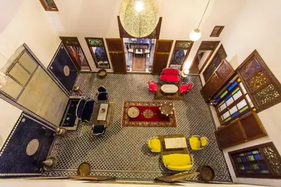 an overhead view of a room with a table and chairs at Riad 53 Fes - Luxury Oasis in Fès
