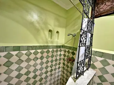 a bathroom with a shower with a tiled wall at Riad Dar Guennoun - Luxury Suites in the Heart of Fes in Fès