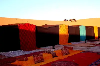 a blanket in the desert with horses in the background at Palmeras Y Dunas Luxery Camp in Merzouga