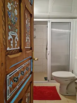 a bathroom with a toilet and a wooden door at Riad Fes Touria Palace in Fès