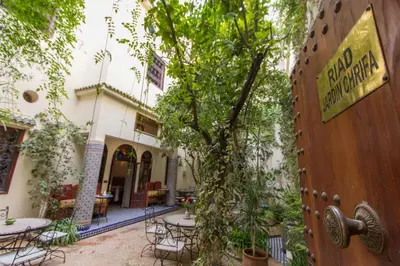 a courtyard with tables and chairs and a tree at Riad Jardin Chrifa in Fès