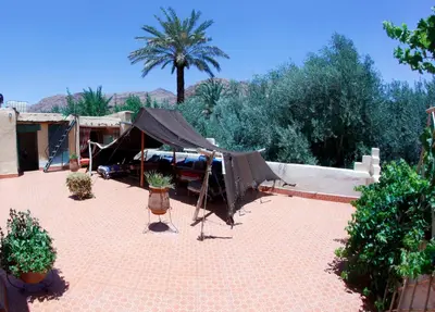 a courtyard with a tent and a palm tree at Palmeraie Guest House in Tinerhir
