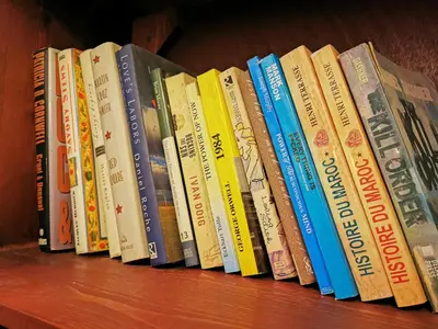 a row of books sitting on a shelf at Riad Farah in Fès