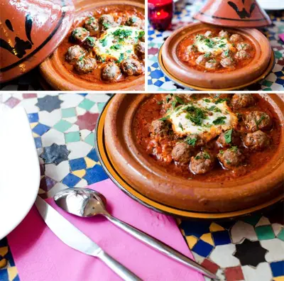 a collage of four pictures of food on a table at Al Andaloussiya Diyafa in Moulay Idriss Zerhoun