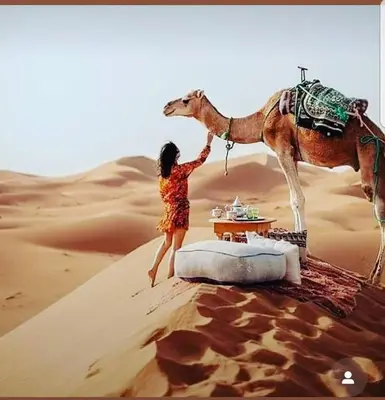 a woman standing next to a camel in the desert at MorokoTour Camp in Merzouga