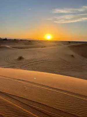 a desert with the sun setting in the horizon at Sunny Place apartments in Merzouga