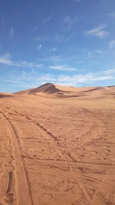 a dirt road in the middle of the desert at Sahara Desert Camp in Hassilabied