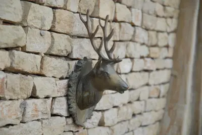 a deer head ornament on a brick wall at Le Palais des Cerisiers in Azrou