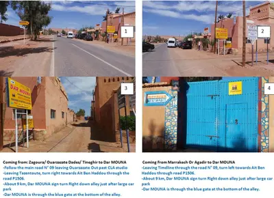 a collage of photos of a street in a town at Dar Mouna in Aït Ben Haddou