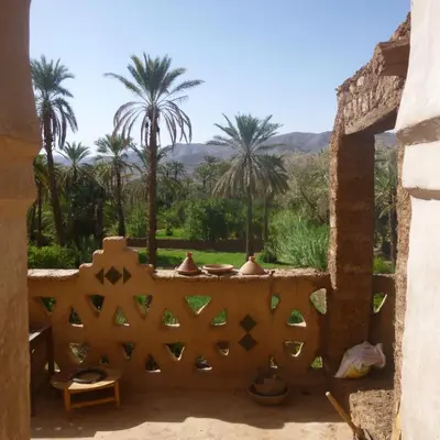 a view from the window of a building with palm trees at Kasbah Maktob Tamnougalt in Agdz