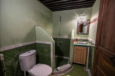 a green bathroom with a toilet and a sink at Riad Hidaya in Fès