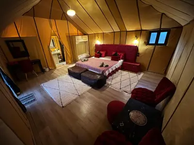 an overhead view of a living room in a house at Luxury oasis camp in Merzouga