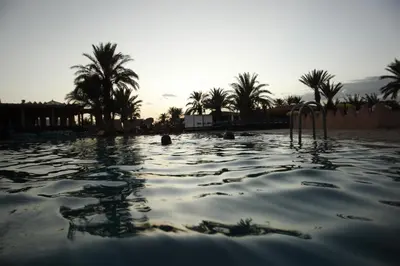 a pool of water with palm trees on a beach at Belere Arfoud in Erfoud