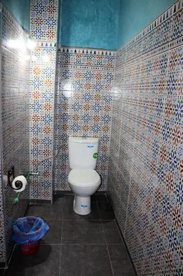 a bathroom with a toilet in a tiled wall at Dar Diafa Kaltom in Ouzoud