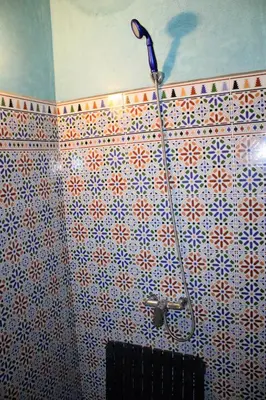 a shower in a bathroom with a tiled wall at Dar Diafa Kaltom in Ouzoud