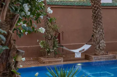 a hammock hanging between two palm trees next to a swimming pool at Riad Dar Sofian in Zagora