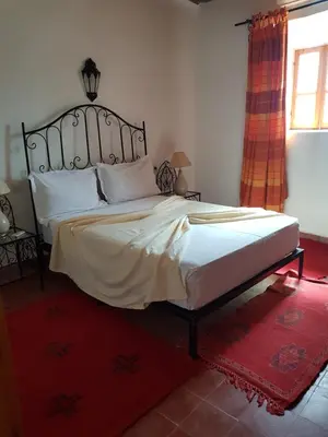 a large bed in a bedroom with a red rug at Chez Laila in Skoura