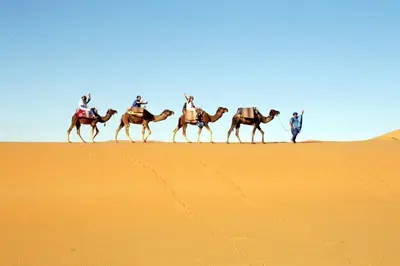 a group of people riding camels in the desert at Haven La Chance Desert Hotel in Merzouga