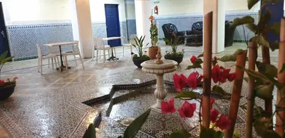 a room with potted plants and a table and chairs at Hotel Batha in Fès