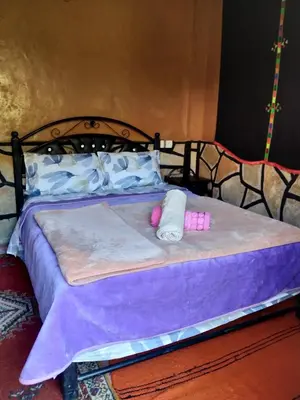 a bed with purple sheets and two pink pillows at auberge restaurant tizgui in Tinerhir
