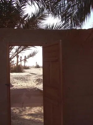 an open door to a beach with a palm tree at Dar Paru in Mhamid