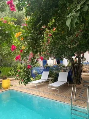 a swimming pool with two white chairs and flowers at Riad Jean Claude in Fès