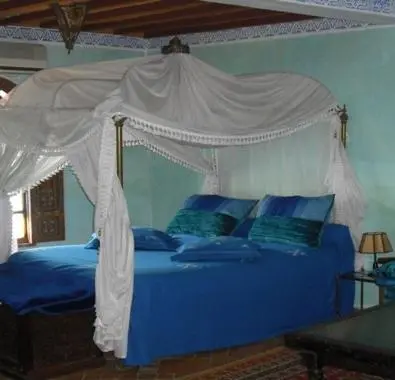 a bedroom with a blue bed with a canopy at Le Riad Meknes in Meknès