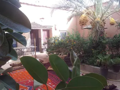 a courtyard with plants and a table and chairs at Maison D' hôtes Ait Hmid in Nkob