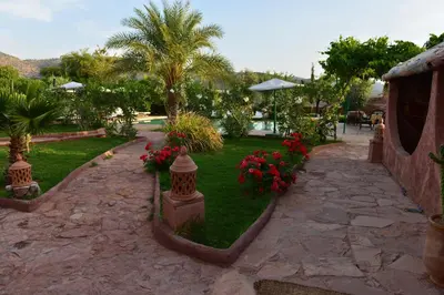 a garden with flowers and a walk way at La Kasbah d'Ouzoud in Ouzoud