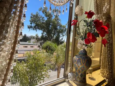 a vase with red flowers sitting on a window sill at Beautiful & Comfortable Apartment in Fes in Fès