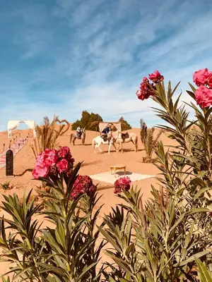 a group of people riding horses in the desert at Sahara wellness camp in Merzouga