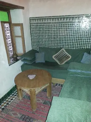 a living room with a green couch and a table at Dar Houdou in Fès