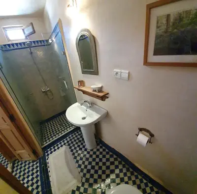 a bathroom with a sink and a shower and a toilet at Dar Houdou in Fès