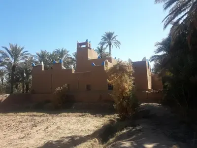 a building with palm trees in front of it at Riad Tagmadarte Ferme d'Hôte in Zagora