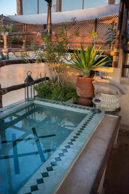 a swimming pool on a patio with plants at Riad Anata in Fès