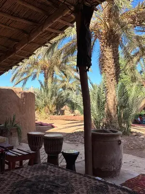 a patio with a table and a palm tree at Chez Madani in Mhamid